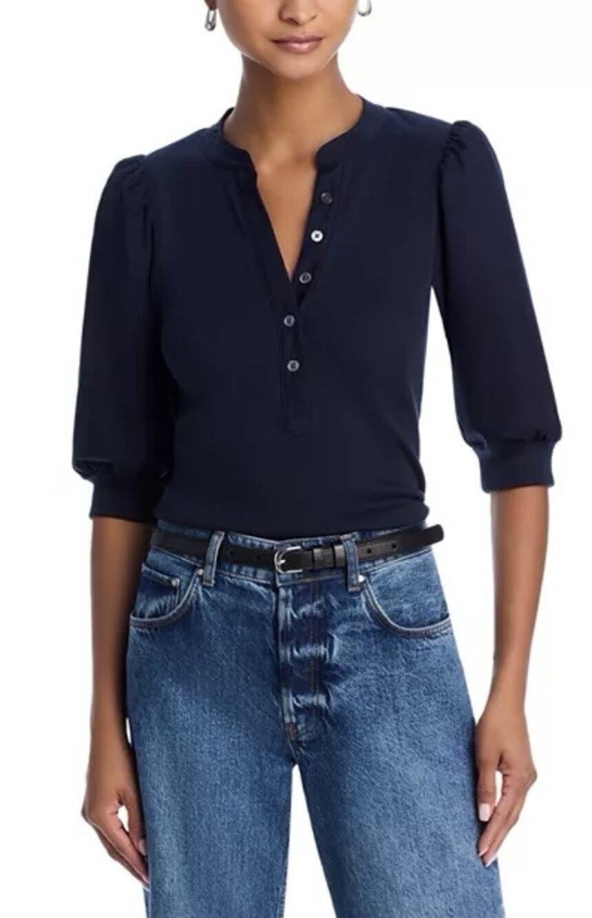 Veronica Beard Women’s Small Navy Blue Ribbed Puff Sleeve Henley Top S